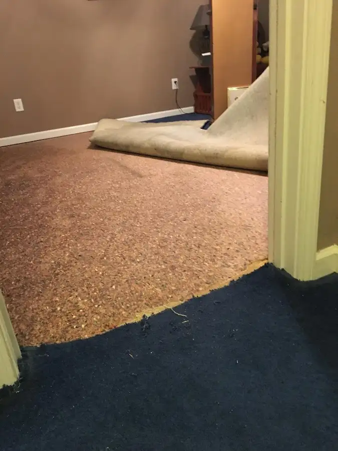 Carpet pad removal revealing water damage during Drying & Dehumidification in Durham